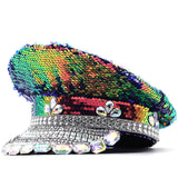 Chapeau bleu marine à paillettes et dessus plat 