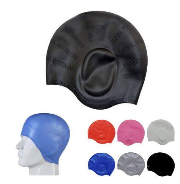 Bonnets de bain en silicone avec coussinets d'oreilles pour cheveux longs 