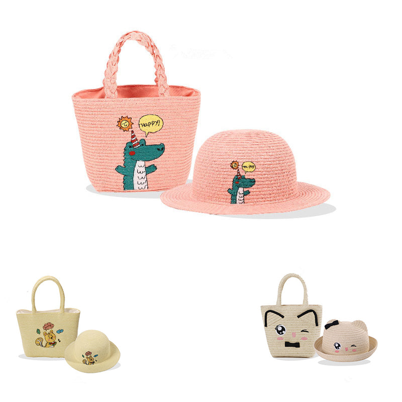 Ensemble de chapeaux et sacs en paille pour filles avec breloque brodée 
