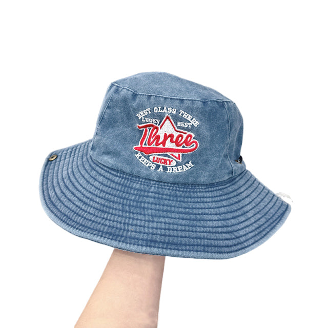 Denim Wide Brim Bucket Hat With Strap