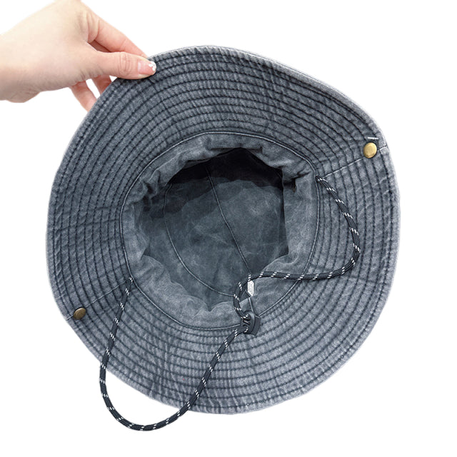 Denim Wide Brim Bucket Hat With Strap