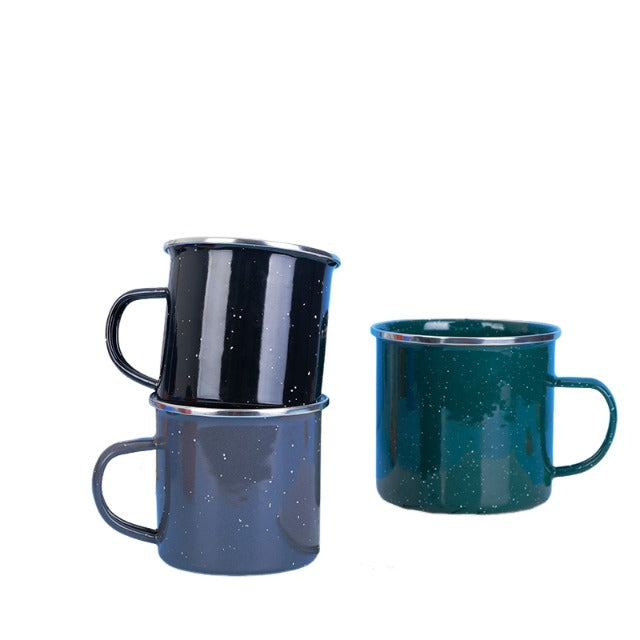 Tasse de camping en émail de 12 oz avec pois scintillants à l'extérieur 