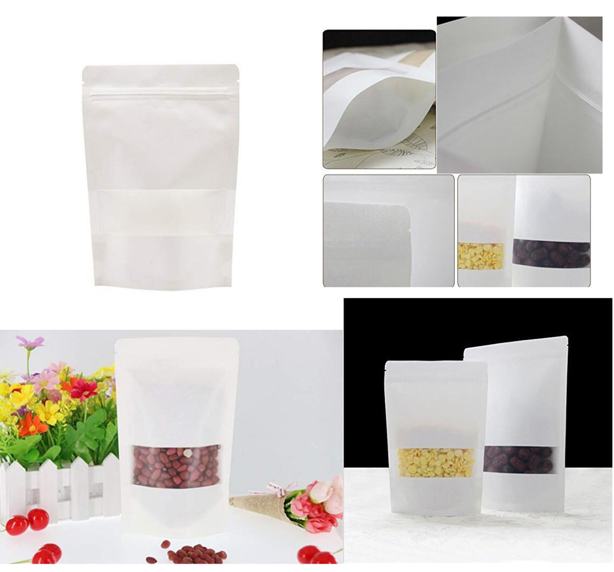 Sacs alimentaires debout en papier kraft blanc avec fermeture à glissière 