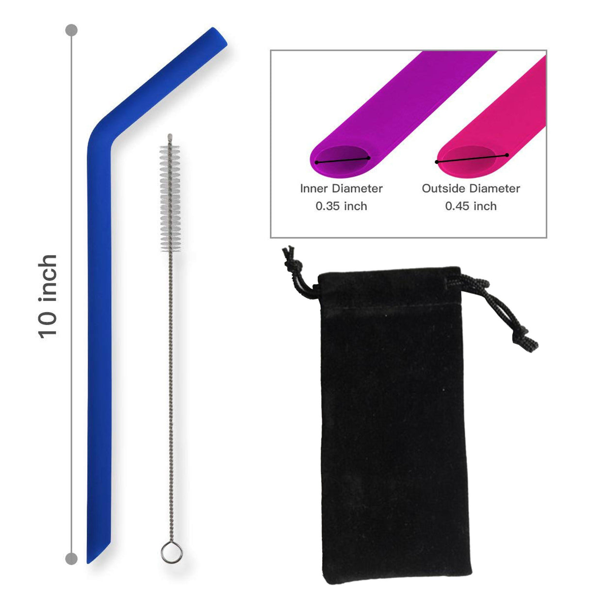 Pailles coudées réutilisables en silicone avec 1 brosse de nettoyage 