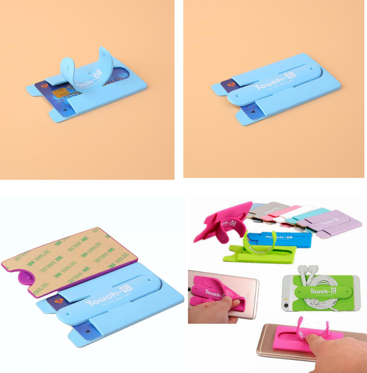 Porte-cartes de crédit autocollant en silicone avec support pour téléphone 