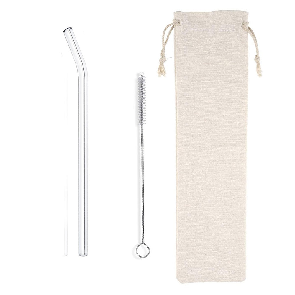 Ensemble de pailles en verre courbées avec brosse et sac 