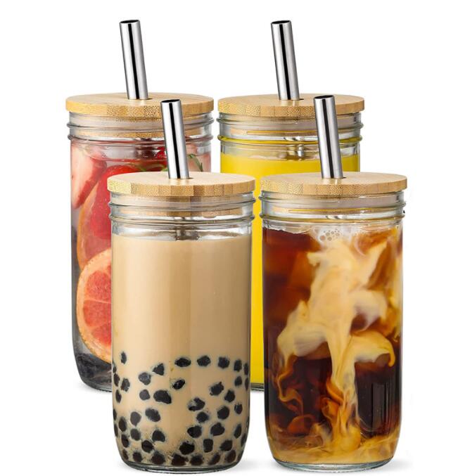 Verres à boire avec couvercles et paille en bambou 