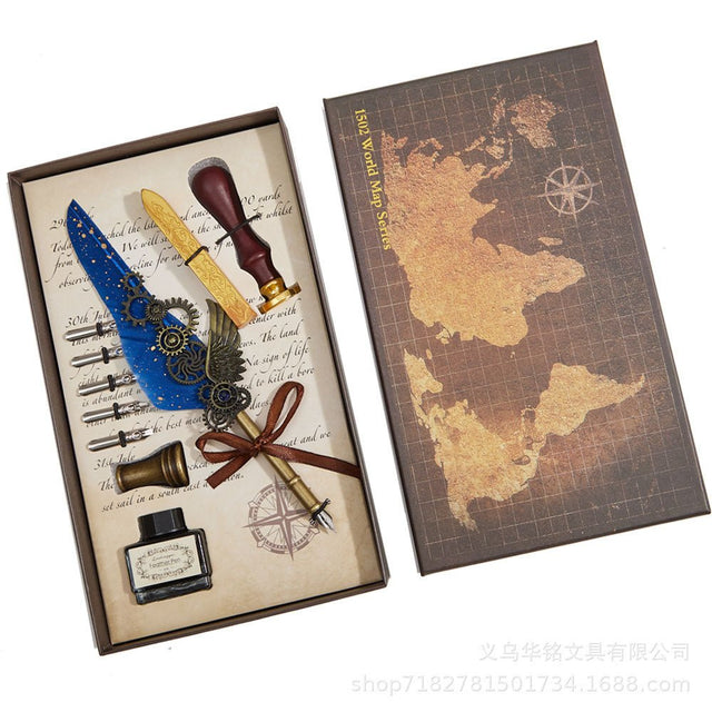 Classical Feather Pen Wax Seal Stamp And Ink Bottle Included Gift Box Packed Set - Yorkn Inc✅