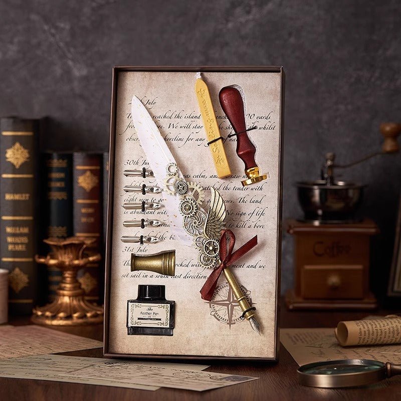 Classical Feather Pen Wax Seal Stamp And Ink Bottle Included Gift Box Packed Set - Yorkn Inc✅