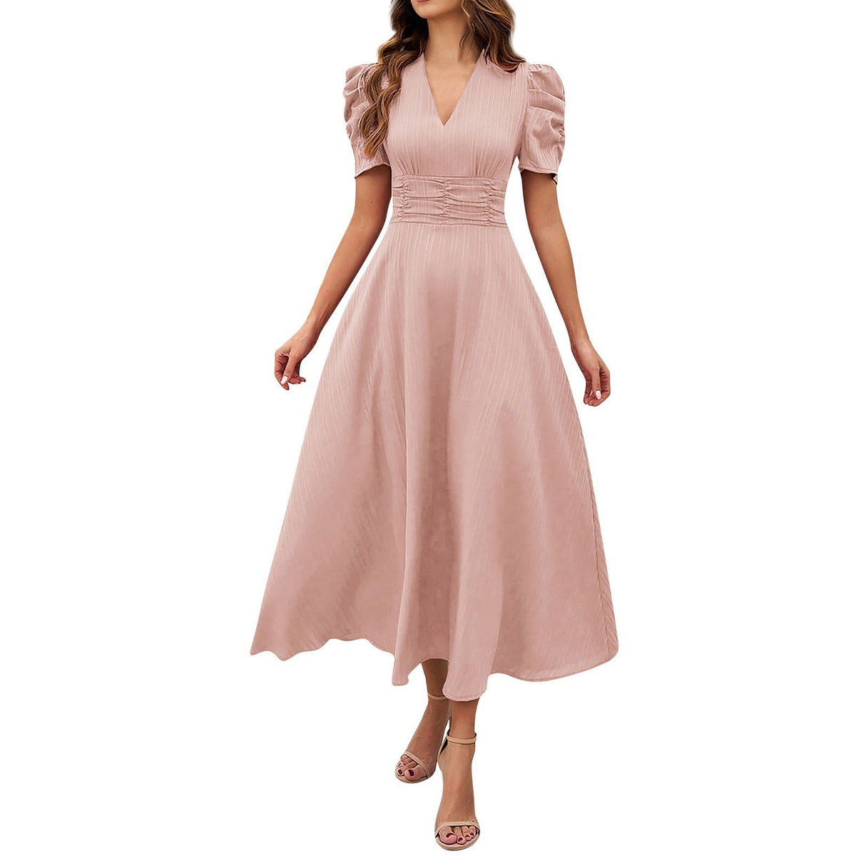 V Neck Puff Sleeve Ruched Waist Midi Dress - Yorkn Inc✅