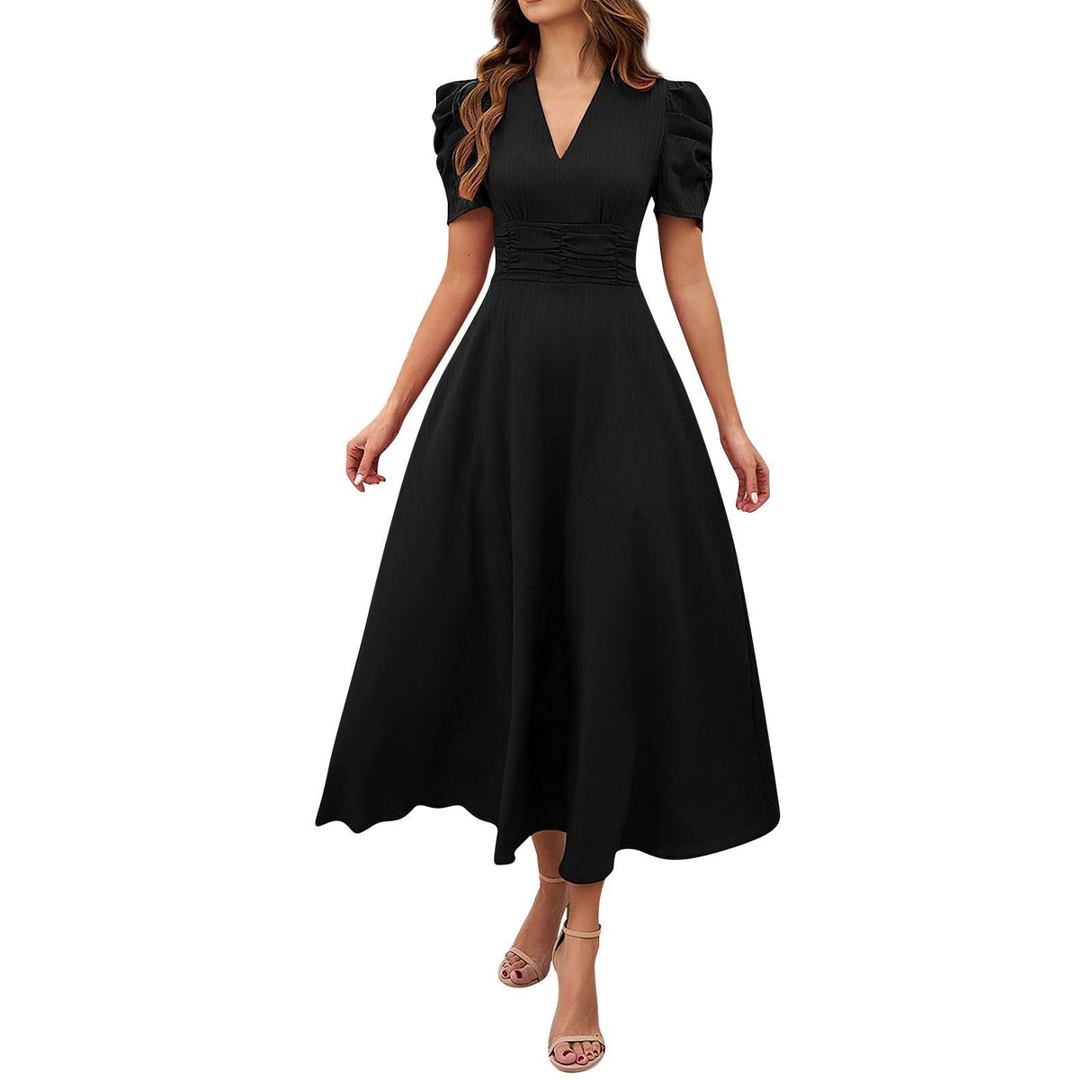 V Neck Puff Sleeve Ruched Waist Midi Dress - Yorkn Inc✅