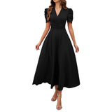 V Neck Puff Sleeve Ruched Waist Midi Dress - Yorkn Inc✅