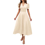 V Neck Puff Sleeve Ruched Waist Midi Dress - Yorkn Inc✅