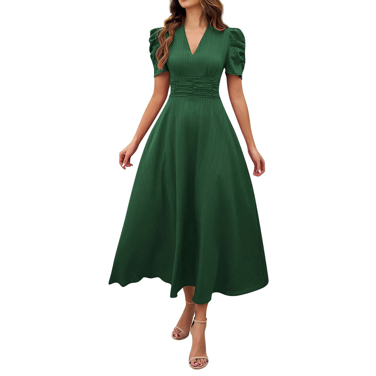 V Neck Puff Sleeve Ruched Waist Midi Dress - Yorkn Inc✅