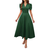 V Neck Puff Sleeve Ruched Waist Midi Dress - Yorkn Inc✅